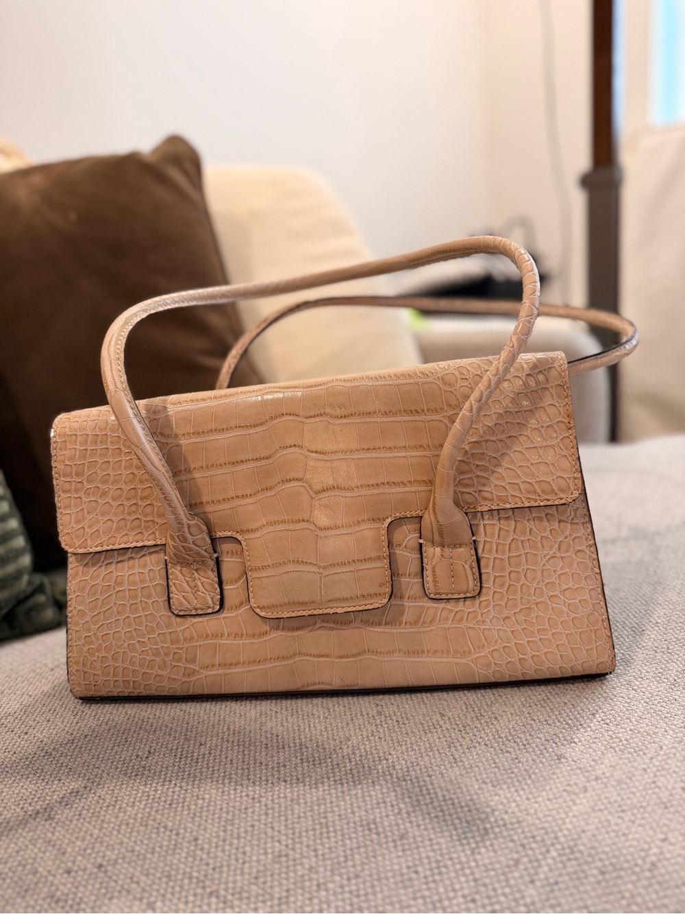 Tommy Hilfiger Croc-Embossed Beige Shoulder Bag